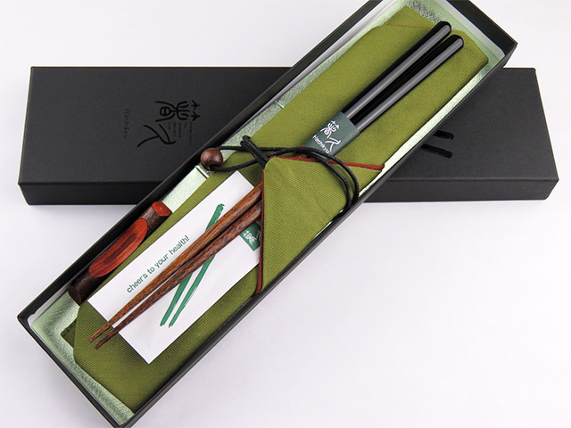塗分け先角箸 秀月　箸袋(緑)梅小枝箸置き　お箸拭き付　特別セット