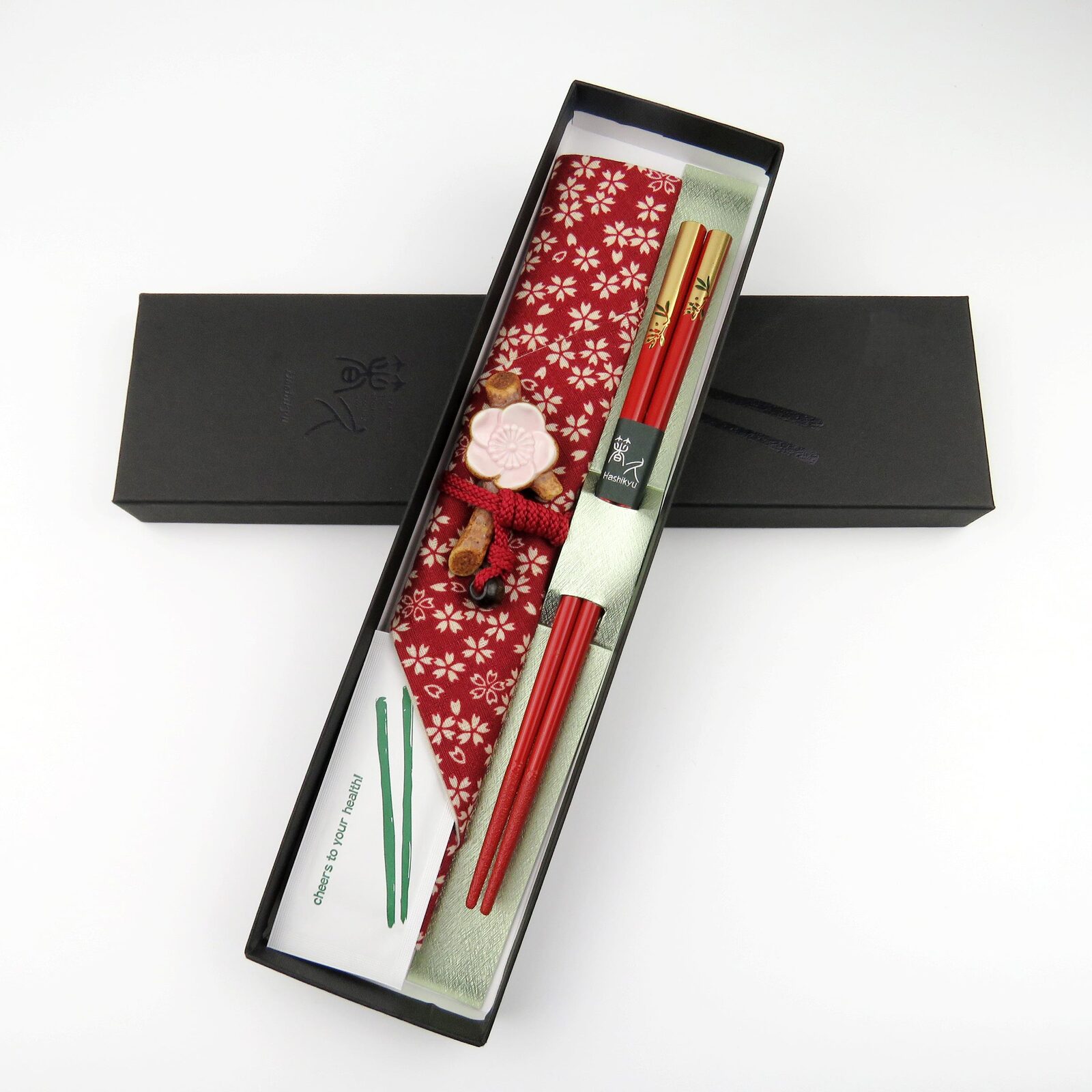 輪島うるし箸　南天　桜ちらし箸袋(赤)　梅の花箸置き　お箸拭き付　セット