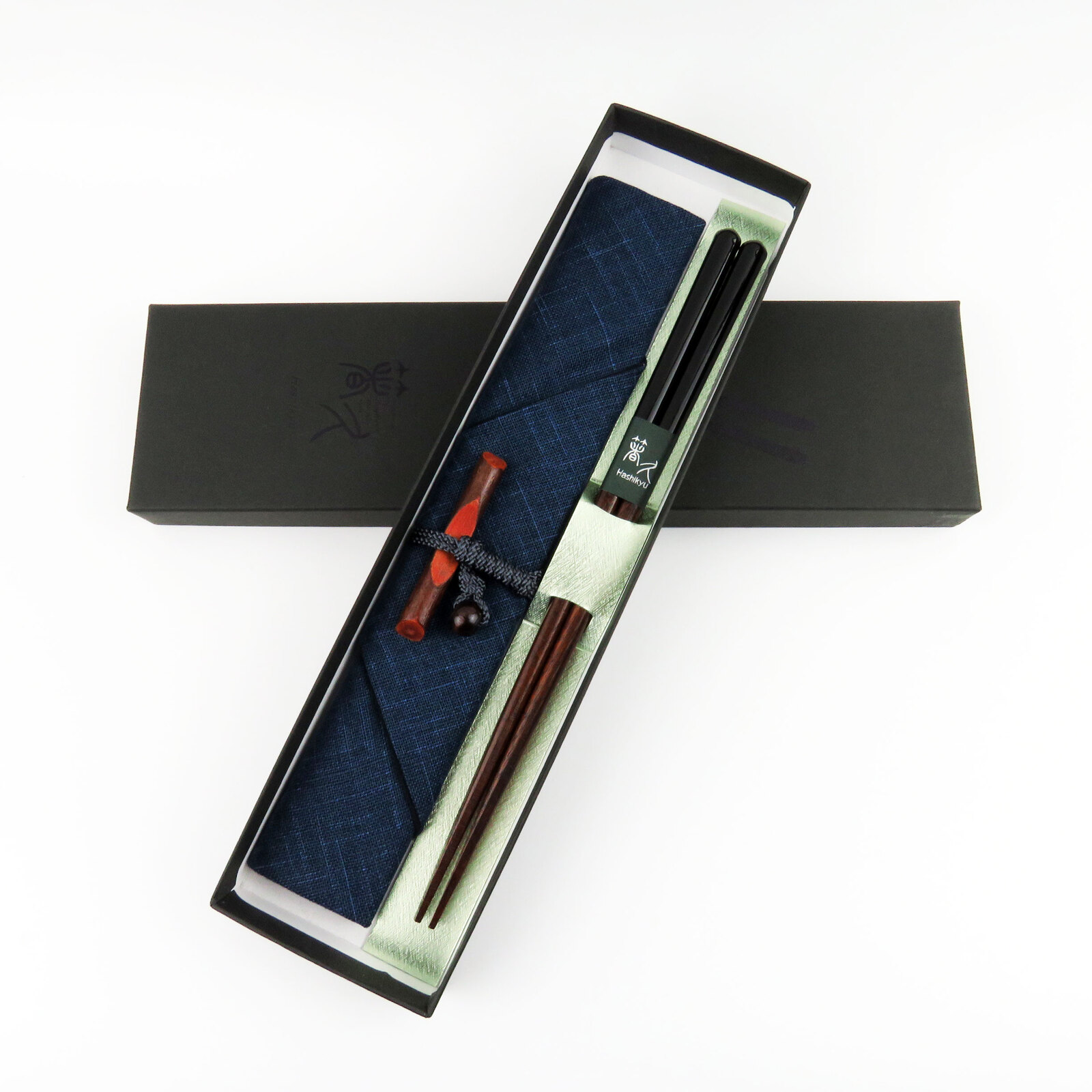 塗分け先角箸 秀月　箸袋(紺・赤)梅小枝箸置き付　特別セット