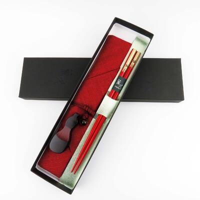 輪島うるし箸　南天　箸袋（紺・赤）塗りひょうたん箸置き付きセット