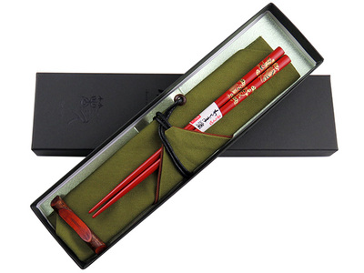 輪島うるし箸　鶴亀　箸袋(緑)　梅小枝箸置き　紙箱セット