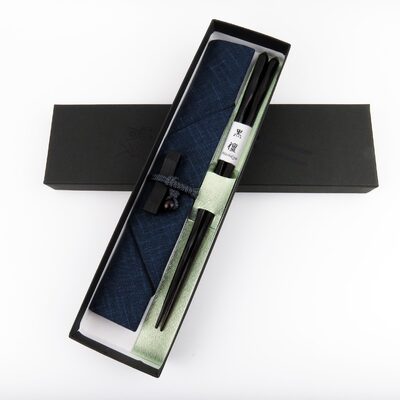 けずり黒檀箸　箸袋（紺・赤）　黒檀箸置き付セット